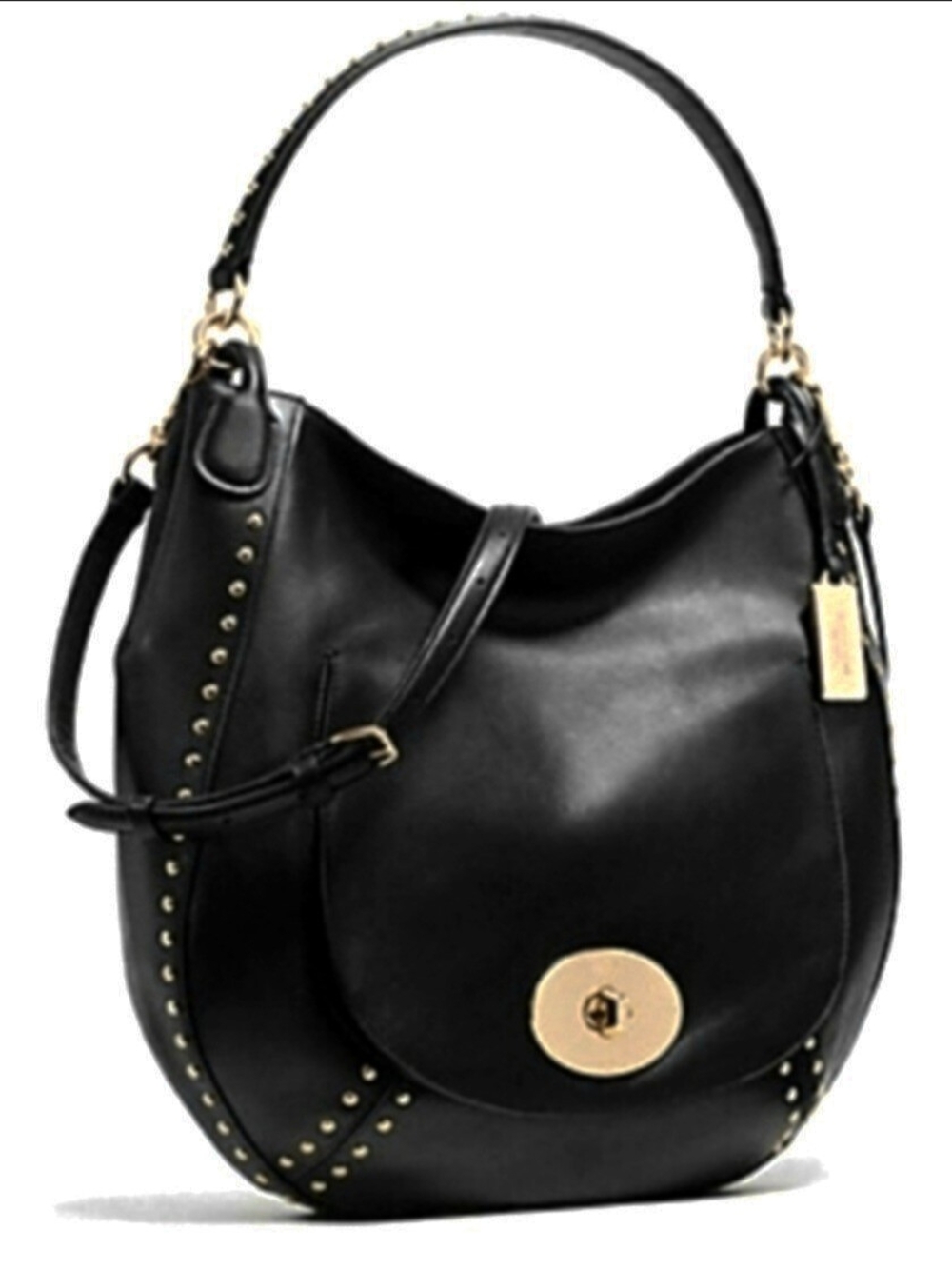 COACH STUDDED LEATHER CIRCLE HOBO BLACK - Picture 2 of 6